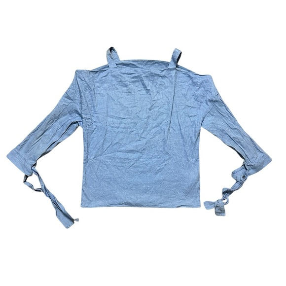TIBI COLD SHOULDER TIE SLEEVE SQUARE NECK LS BLUE COTTON Denim BLOUSE Sz XS - Picture 7 of 8